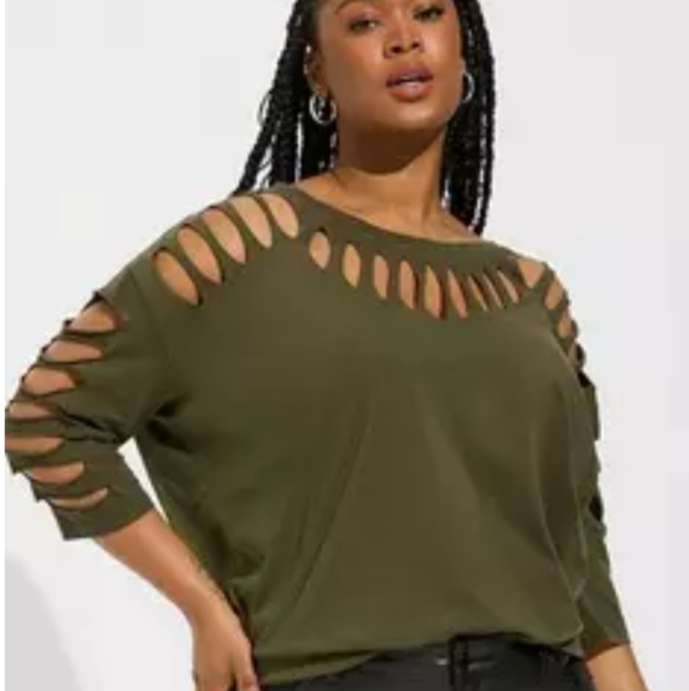 Torrid Vintage Cotton Jersey Crew Neck Cutout Long Sleeve Tee Top Shirt Olive 1